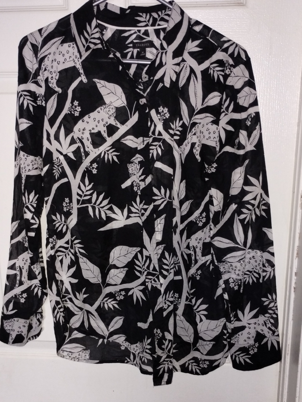 Talbots Black and White Botanical & Leopard Print Button-Down. Med